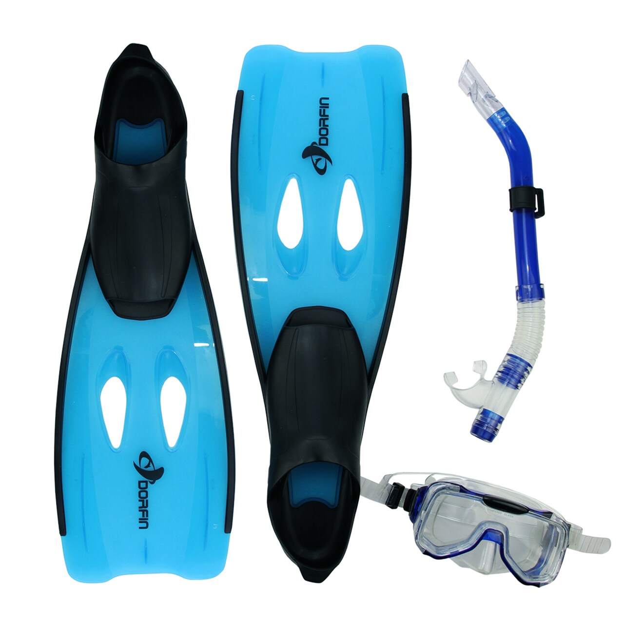 Swim Central 3pc Blue and Black Adult Silicone Swimming Pool Snorkeling Set 22" - Medium